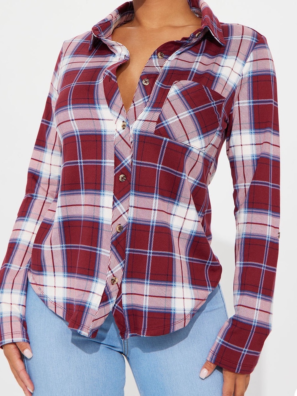 Women’s Plaid Button-Down Shirt - Burgundy